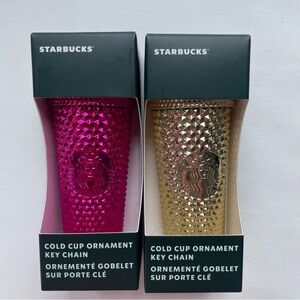 Starbucks New in Unopened Box Lot of 2 Cold Cup Ornament Keychain Pink Gold